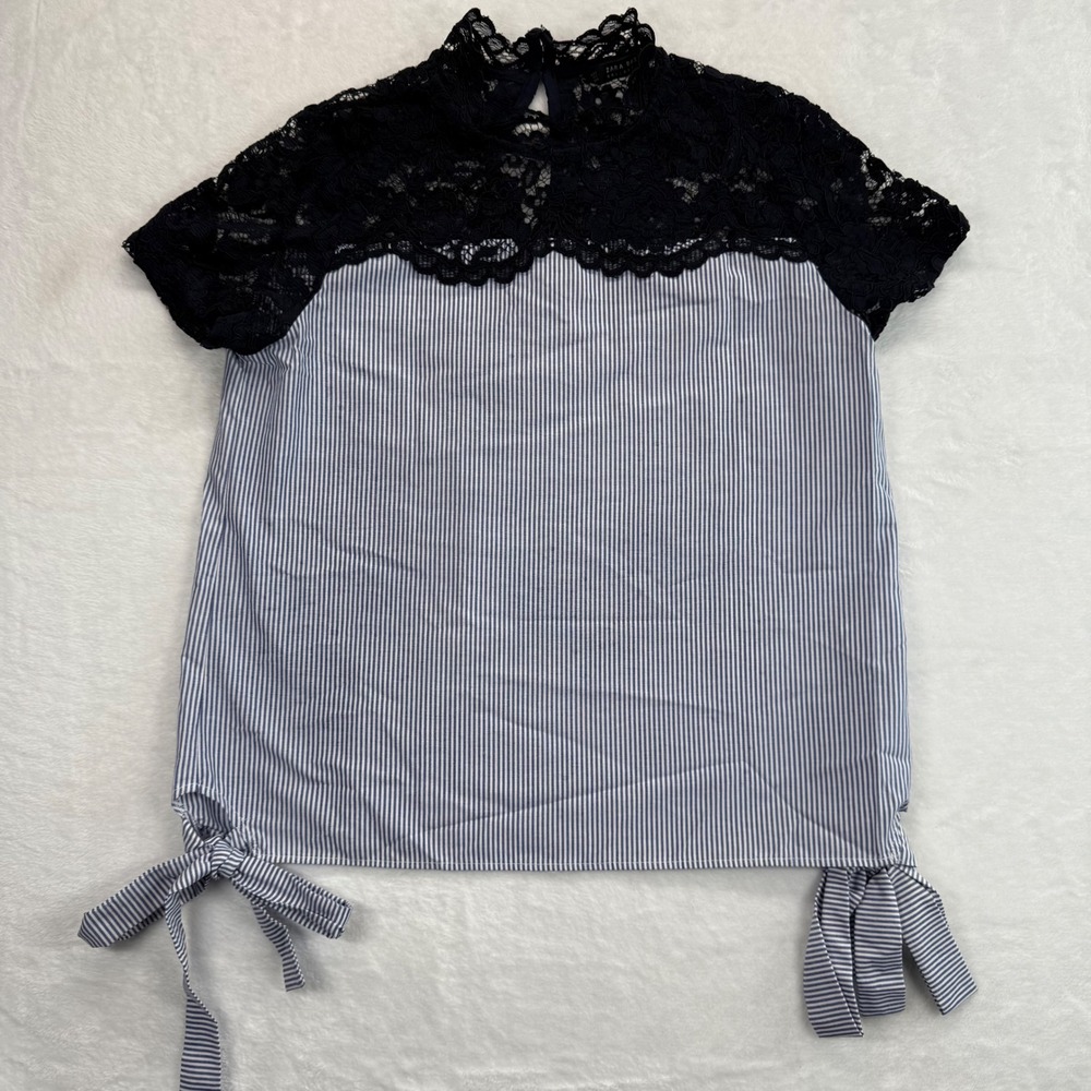 Zara Basic Striped Lace Top Tie Waist Short Sleeve Blouse Women's Size S